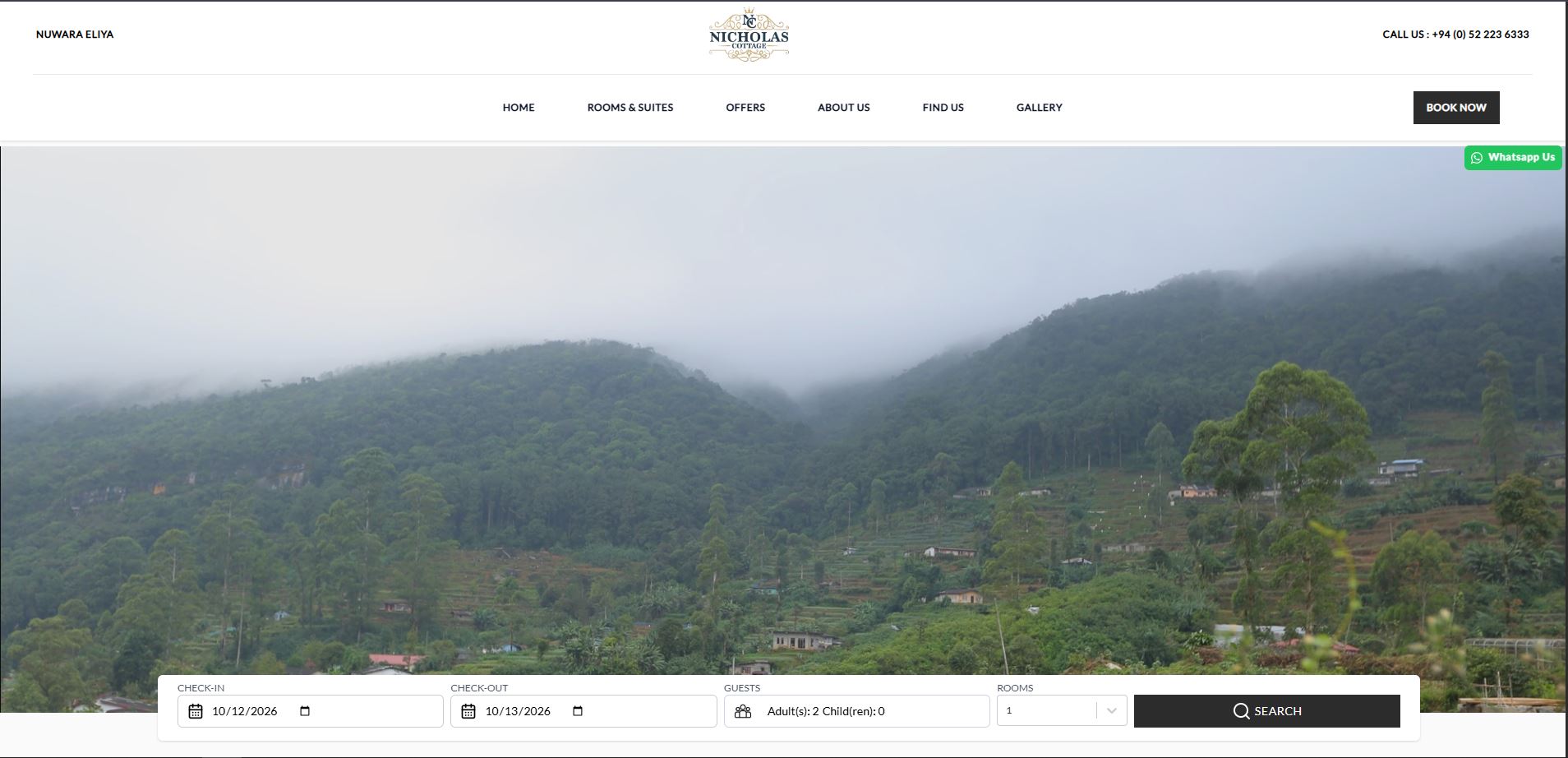 nicholascottage.com – Homepage hero with availability search