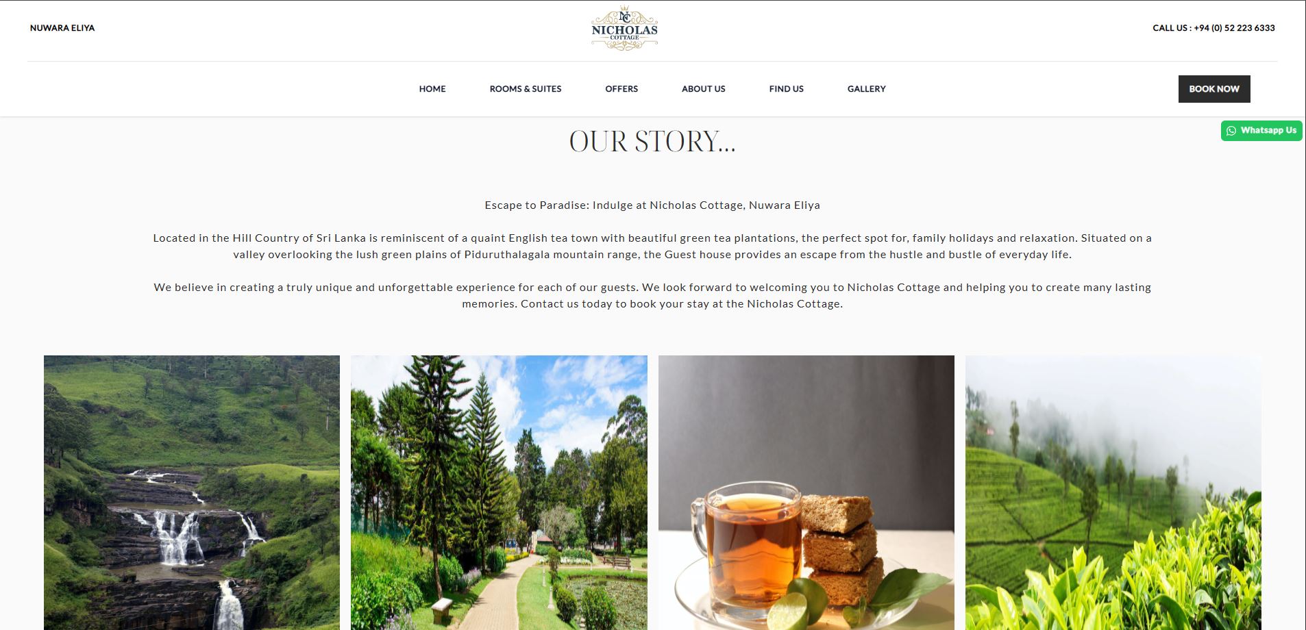 nicholascottage.com – Our Story section with destination imagery